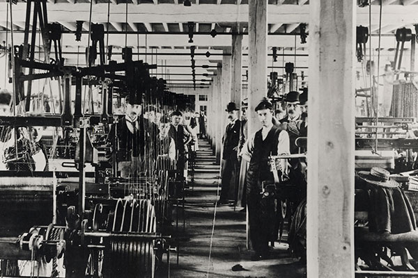 Silk mill staff in factory, dobby weaving