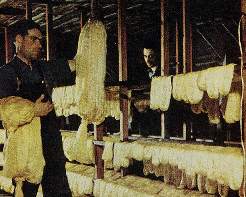 A silk mill worker preparing skeins of silk