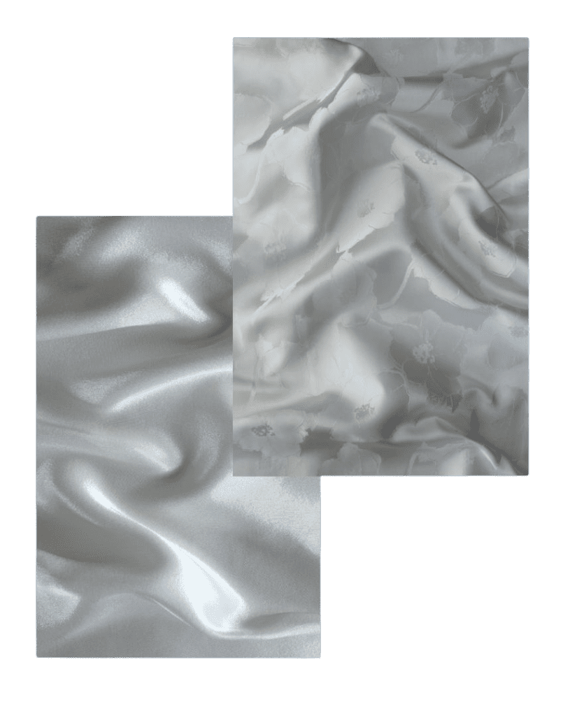 A collage of 2 white bridal fabrics, one shiny satin and the other a muted large floral.