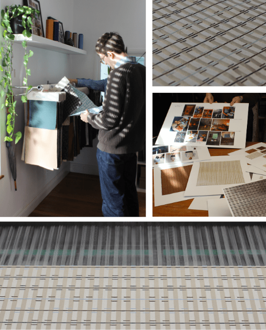 A collage of images, one a student looking at fabrics hanging on a rail, another moodboard pages scattered on a table, then close ups of a check design