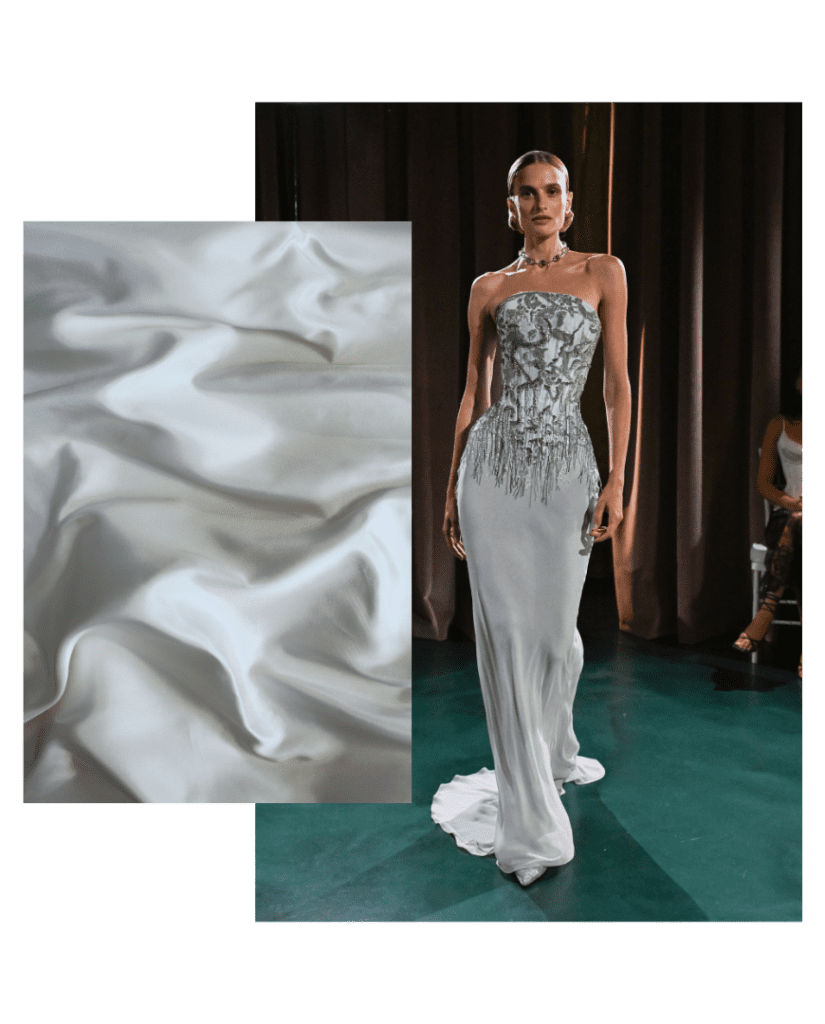 White bridal fabric next to an image of a model wearing a similar fabric on the runway at NY Fashion week