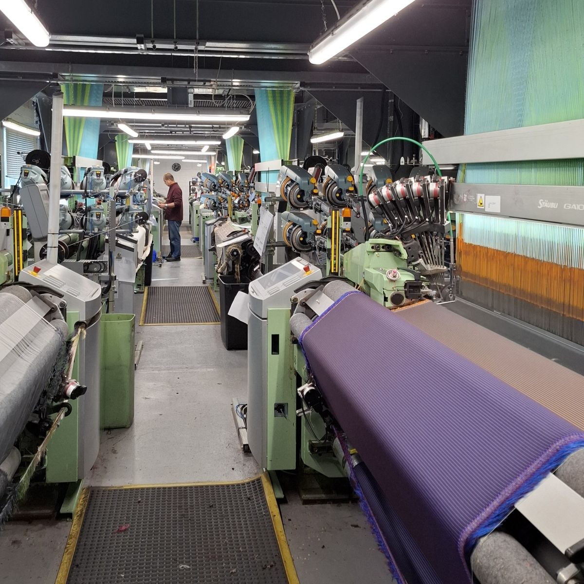 Green and grey weaving looms in a line on the production floor in Stephen Walters and Sons. The loom in the forefront is weaving a plain purple fabric.