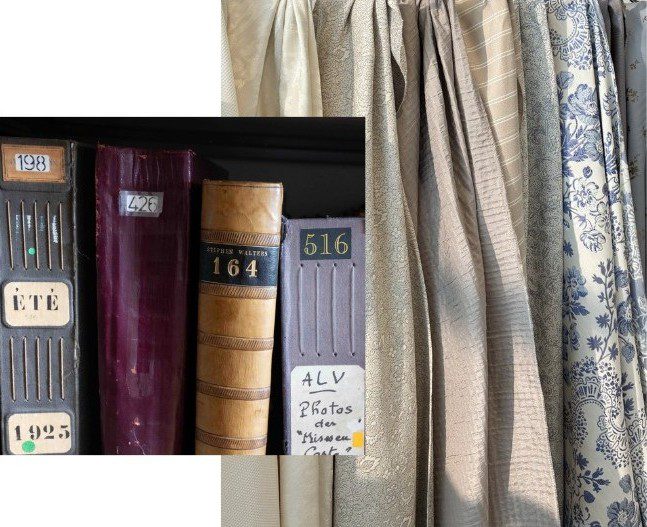 Stephen Walters pale beige and taupe plain fabrics with pale blue floral fabrics with an overlay image of leather bound archive books.